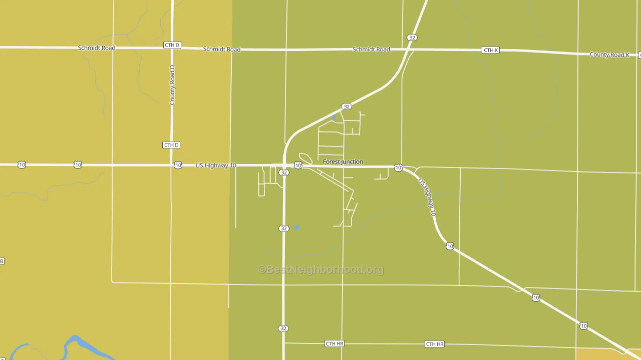 Map of the best neighborhoods in the 54123 area, with better matches in green and worse matches in red