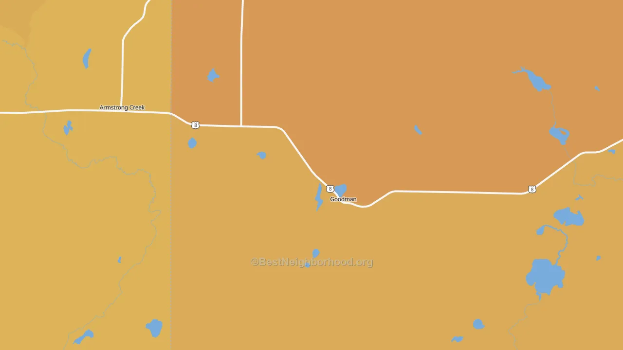 Map of the best neighborhoods in the 54125 area, with better matches in green and worse matches in red