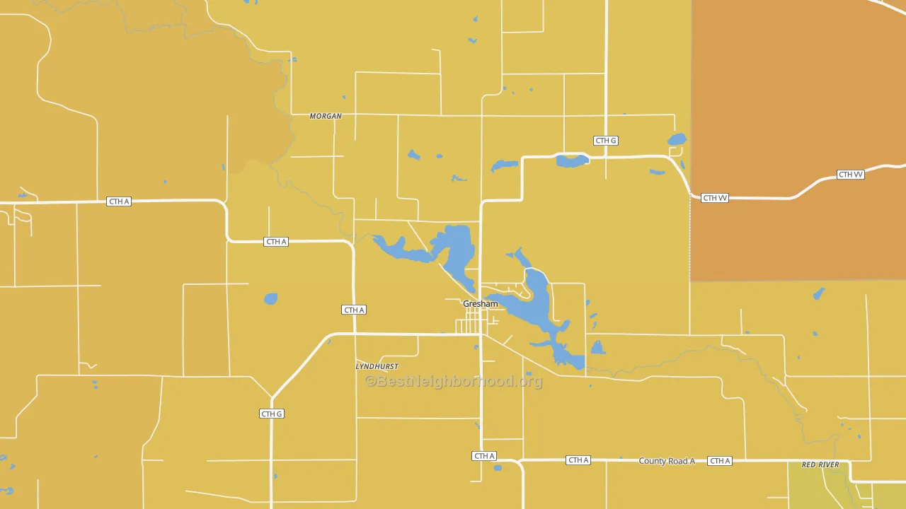 Map of the best neighborhoods in the 54128 area, with better matches in green and worse matches in red