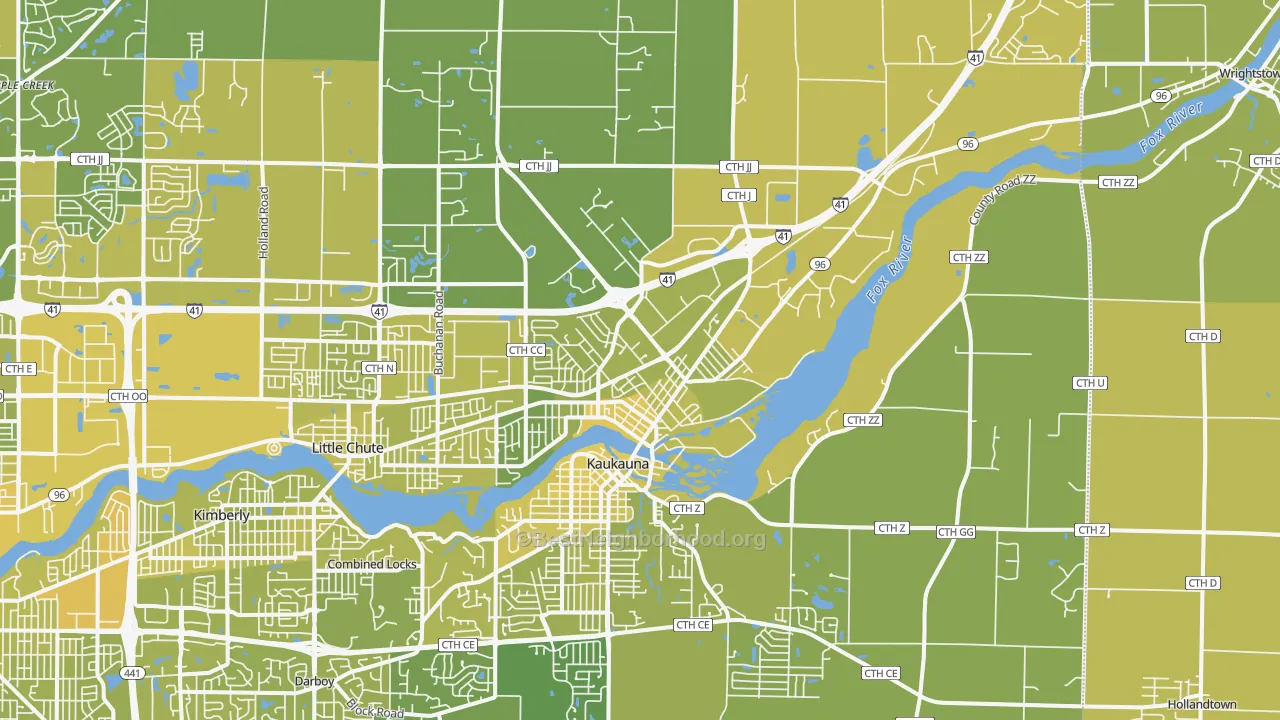 Map of the best neighborhoods in the 54130 area, with better matches in green and worse matches in red