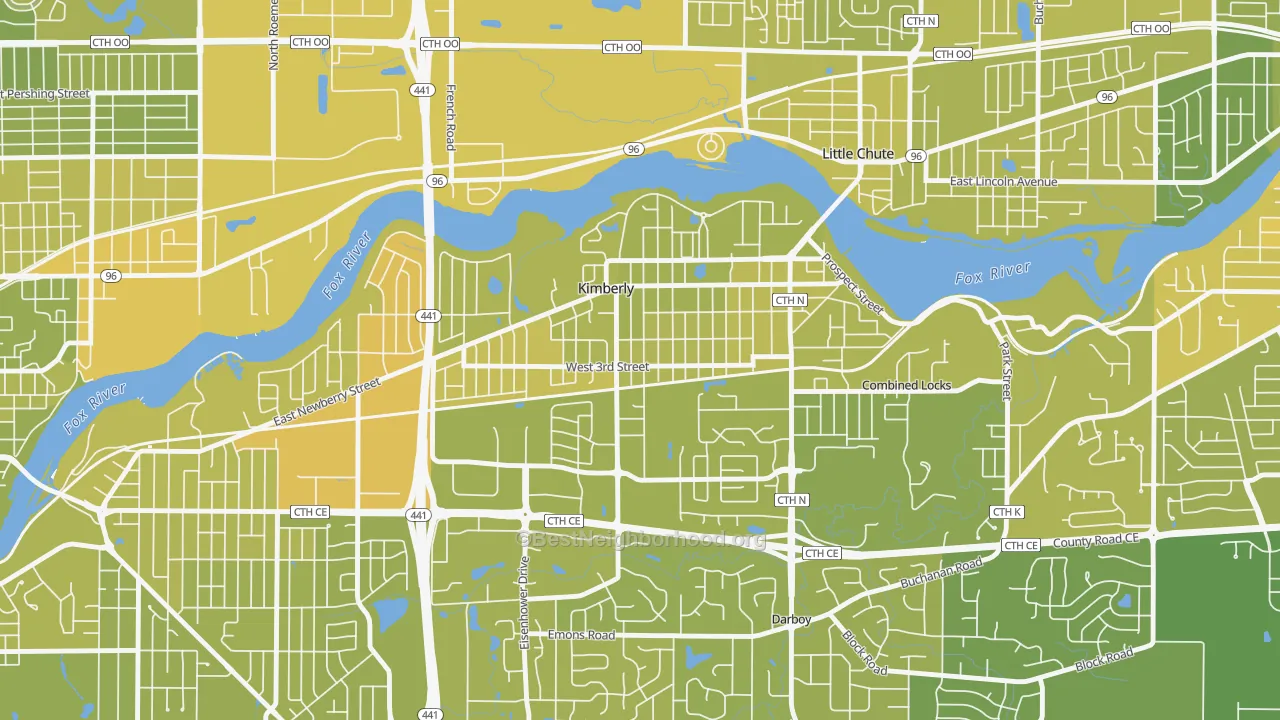Map of the best neighborhoods in the 54136 area, with better matches in green and worse matches in red