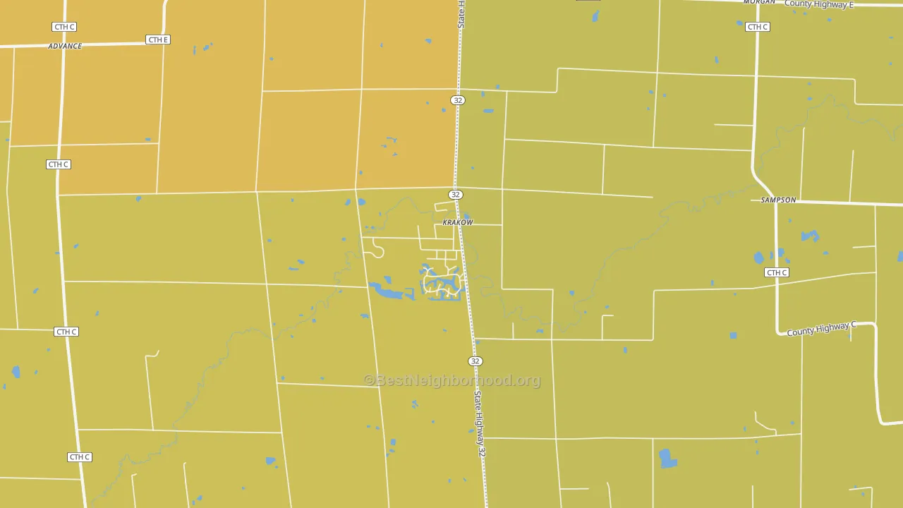 Map of the best neighborhoods in the 54137 area, with better matches in green and worse matches in red