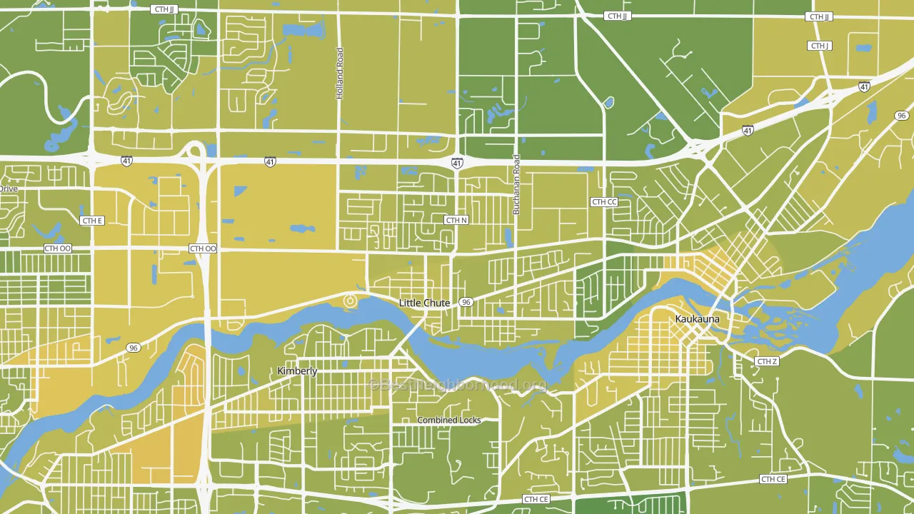 Map of the best neighborhoods in the 54140 area, with better matches in green and worse matches in red