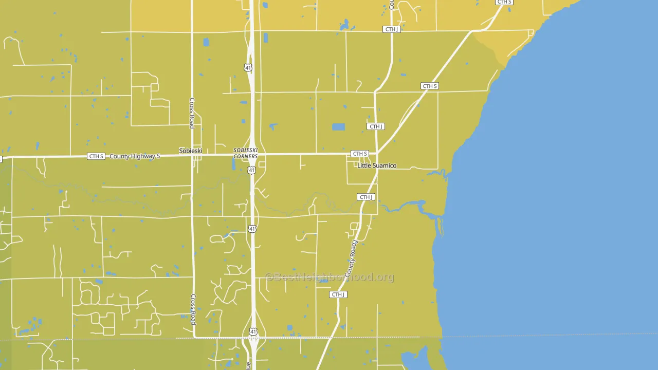 Map of the best neighborhoods in the 54141 area, with better matches in green and worse matches in red