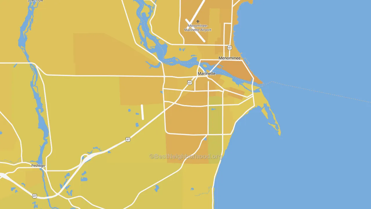 Map of the best neighborhoods in the 54143 area, with better matches in green and worse matches in red