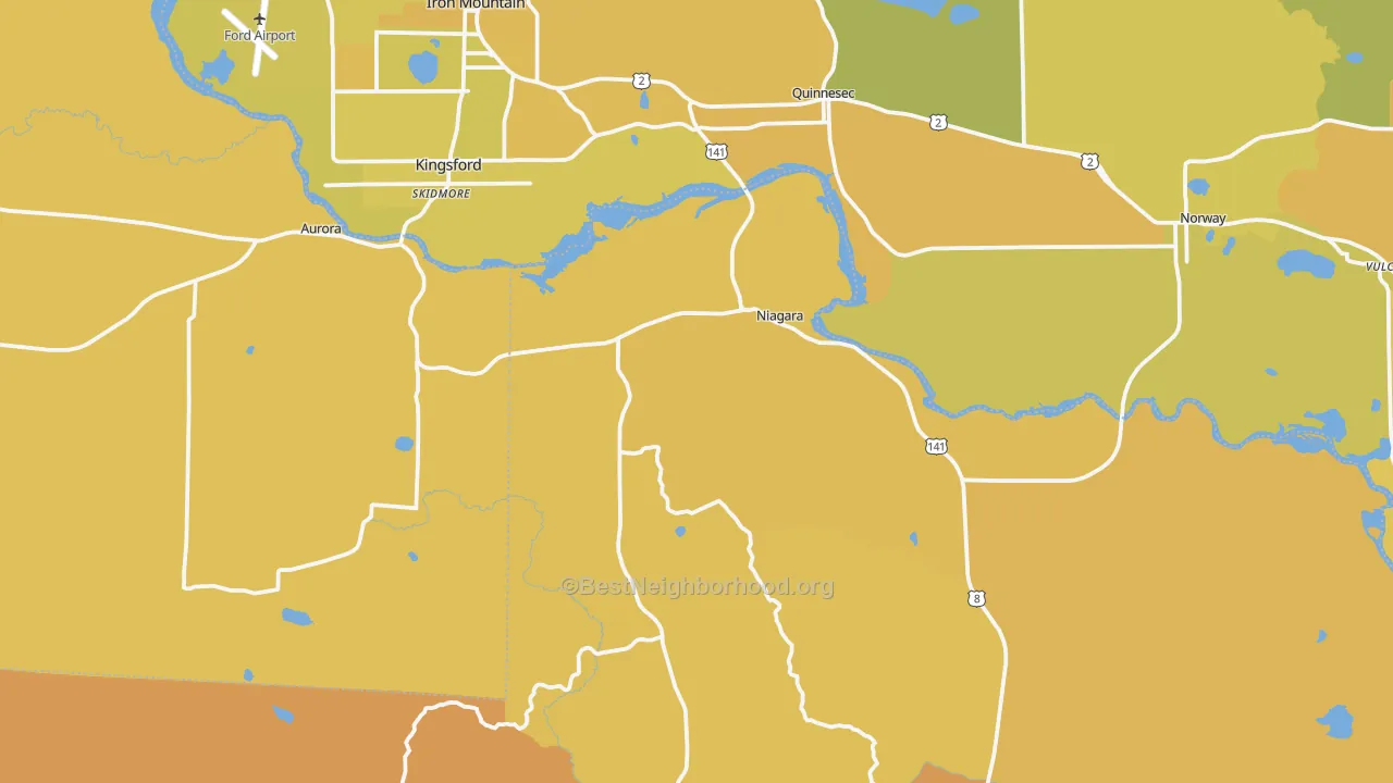 Map of the best neighborhoods in the 54151 area, with better matches in green and worse matches in red