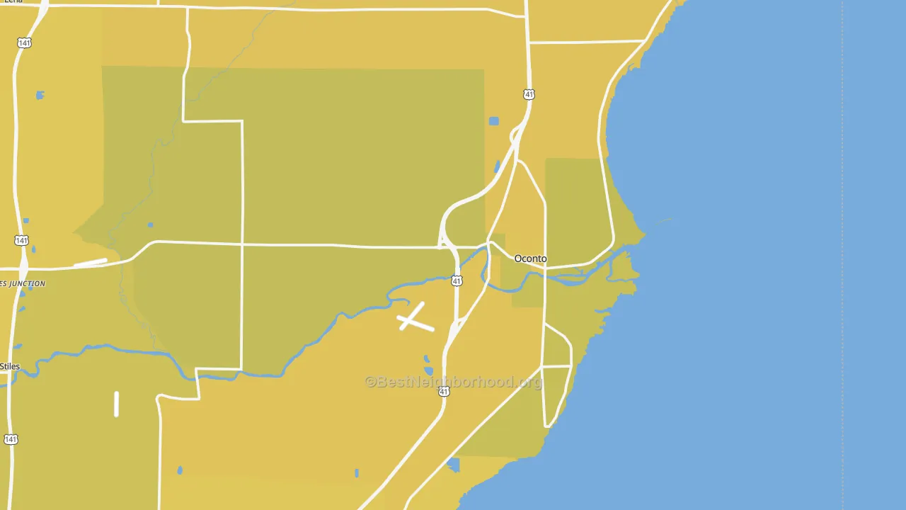 Map of the best neighborhoods in the 54153 area, with better matches in green and worse matches in red