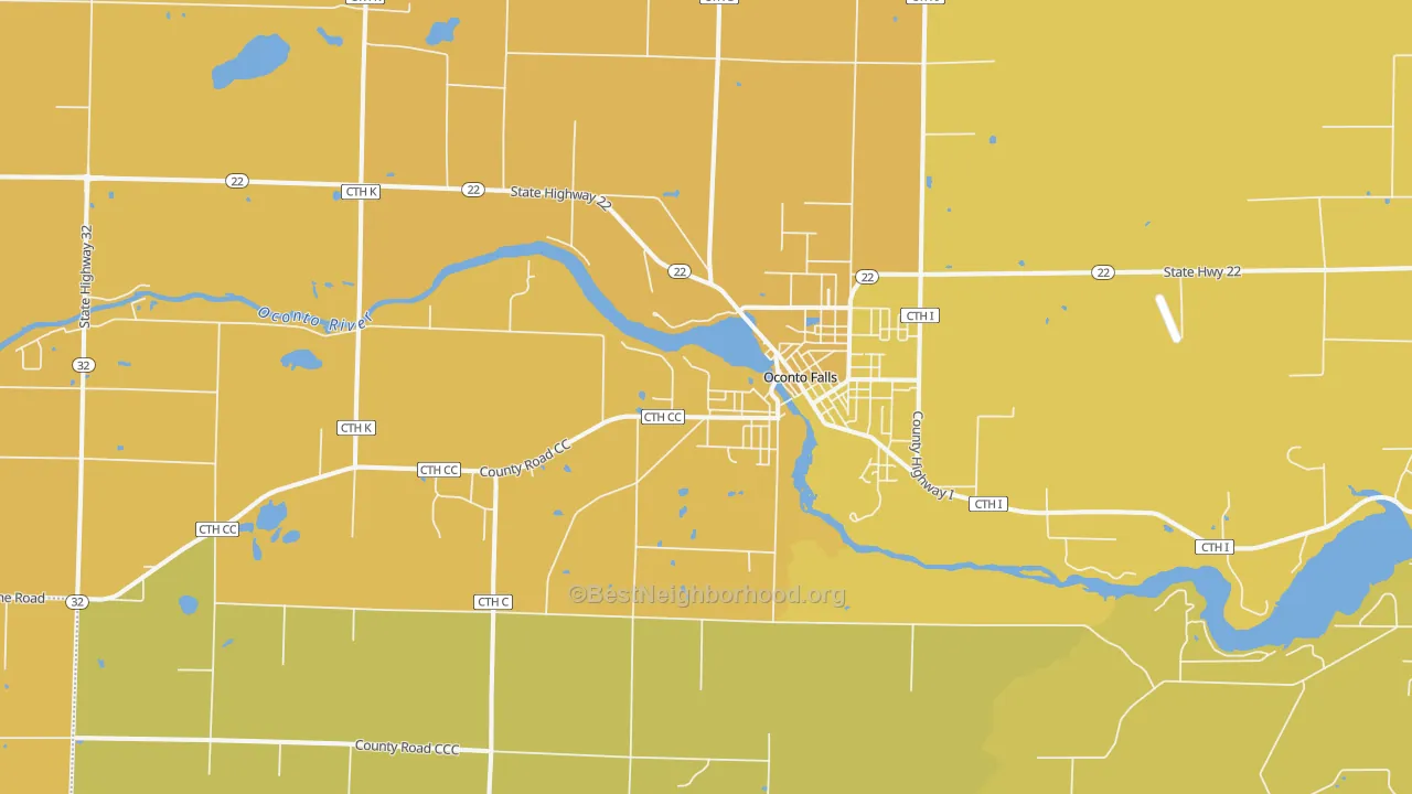 Map of the best neighborhoods in the 54154 area, with better matches in green and worse matches in red