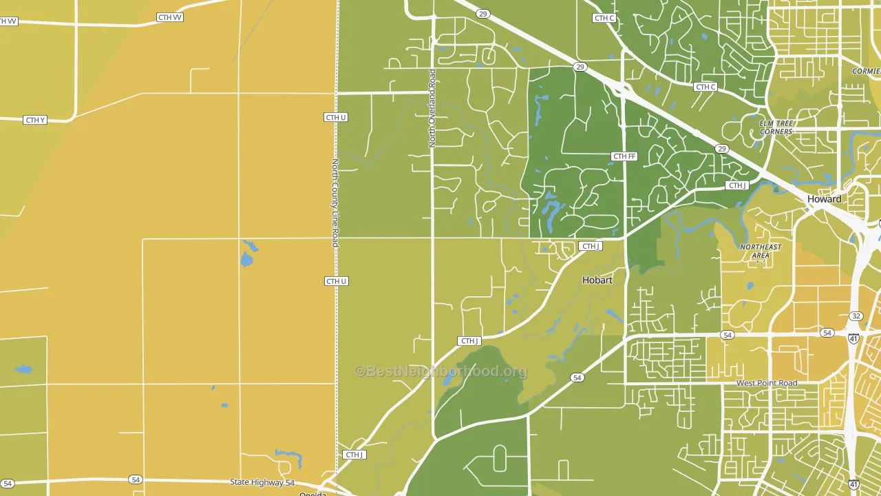 Map of the best neighborhoods in the 54155 area, with better matches in green and worse matches in red