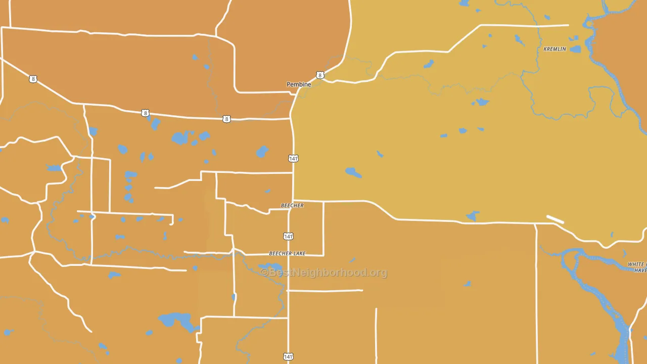 Map of the best neighborhoods in the 54156 area, with better matches in green and worse matches in red