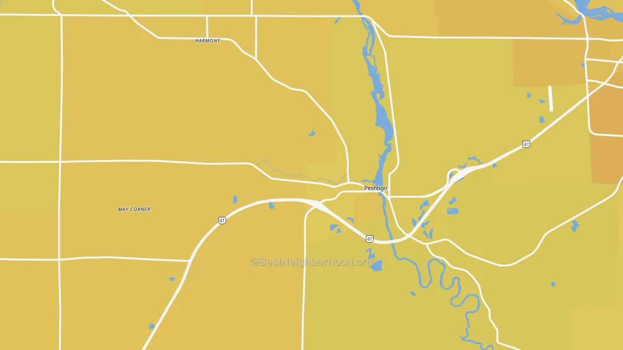 Map of the best neighborhoods in the 54157 area, with better matches in green and worse matches in red