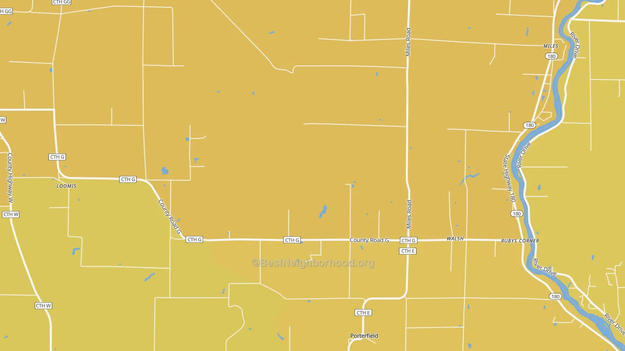 Map of the best neighborhoods in the 54159 area, with better matches in green and worse matches in red