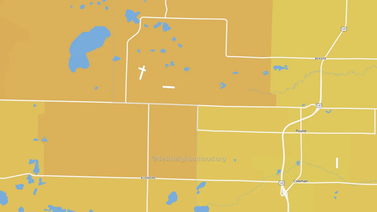 Map of the best neighborhoods in the 54161 area, with better matches in green and worse matches in red