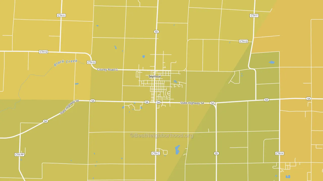Map of the best neighborhoods in the 54165 area, with better matches in green and worse matches in red