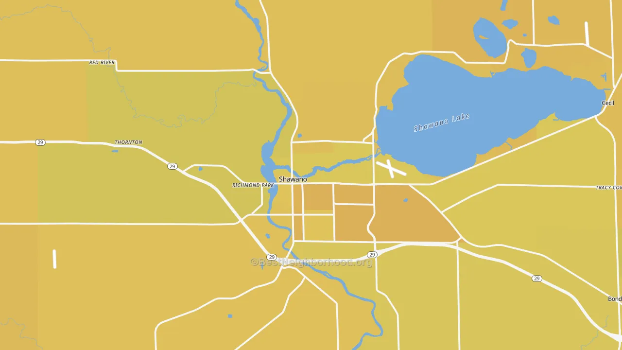Map of the best neighborhoods in the 54166 area, with better matches in green and worse matches in red