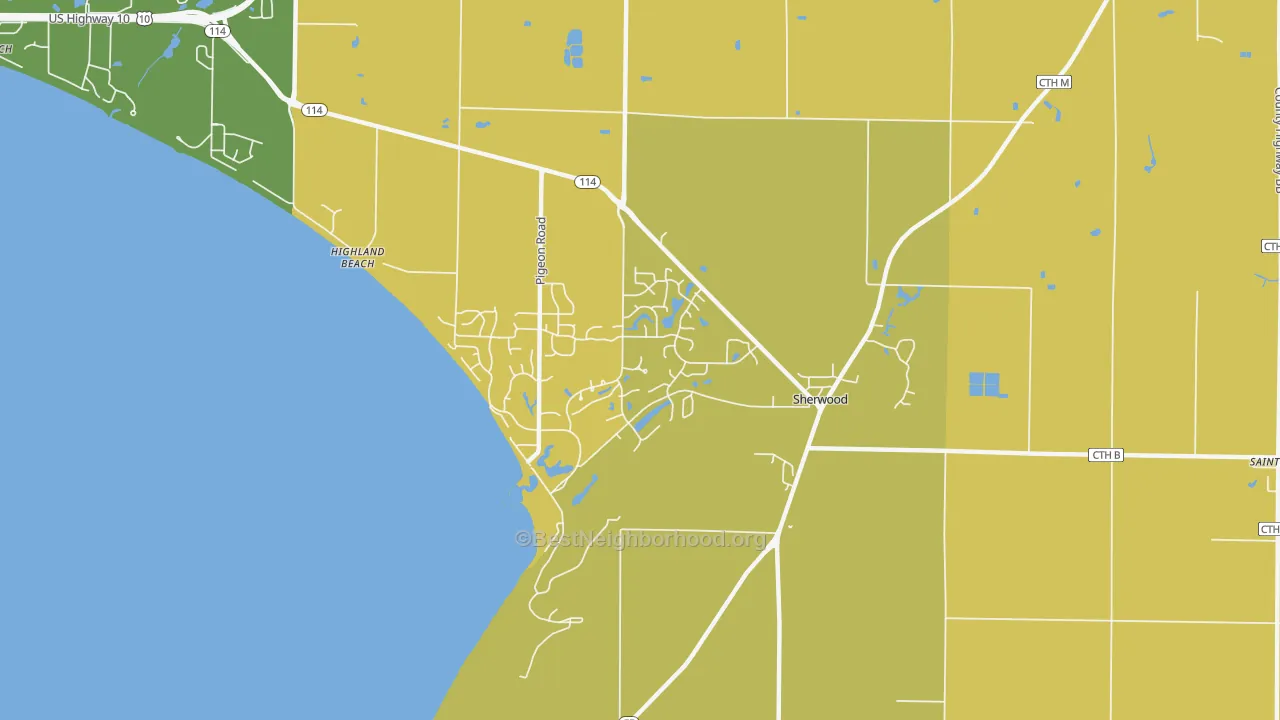 Map of the best neighborhoods in the 54169 area, with better matches in green and worse matches in red