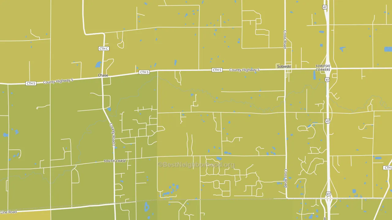 Map of the best neighborhoods in the 54171 area, with better matches in green and worse matches in red