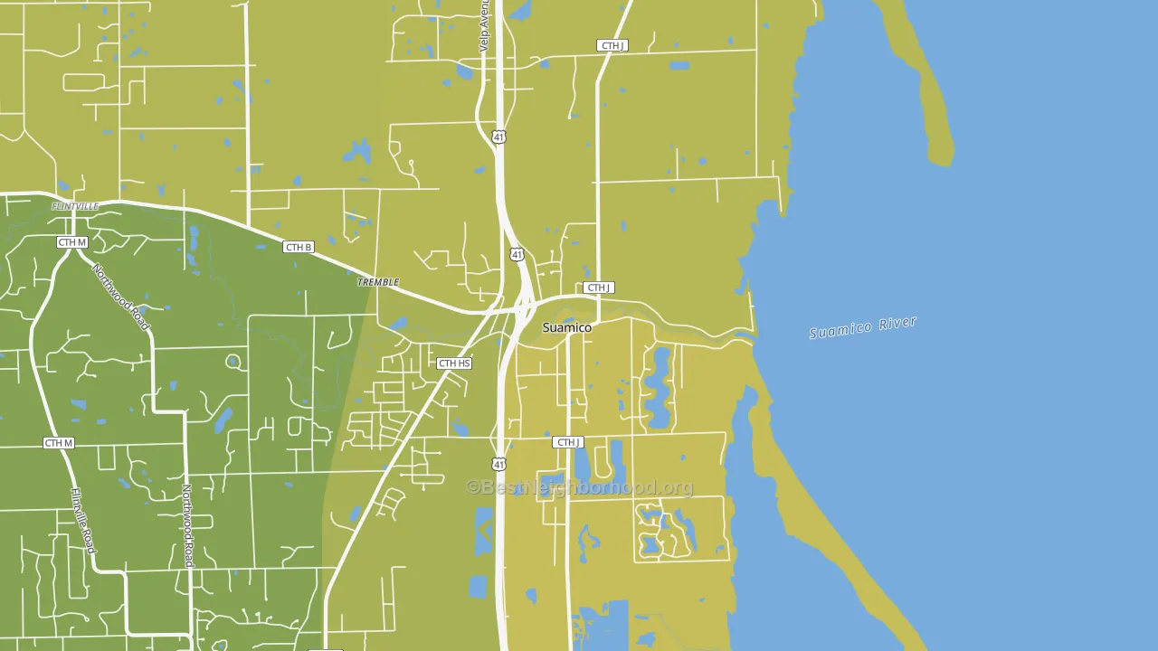Map of the best neighborhoods in the 54173 area, with better matches in green and worse matches in red