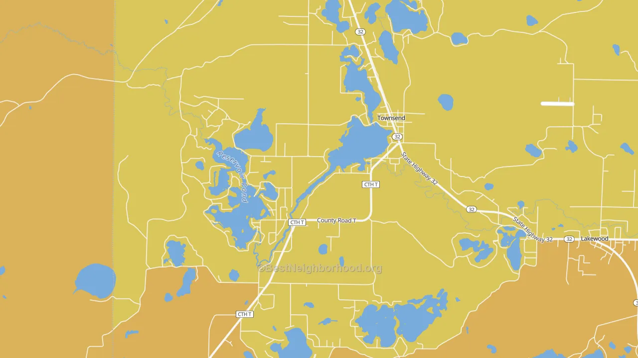 Map of the best neighborhoods in the 54175 area, with better matches in green and worse matches in red