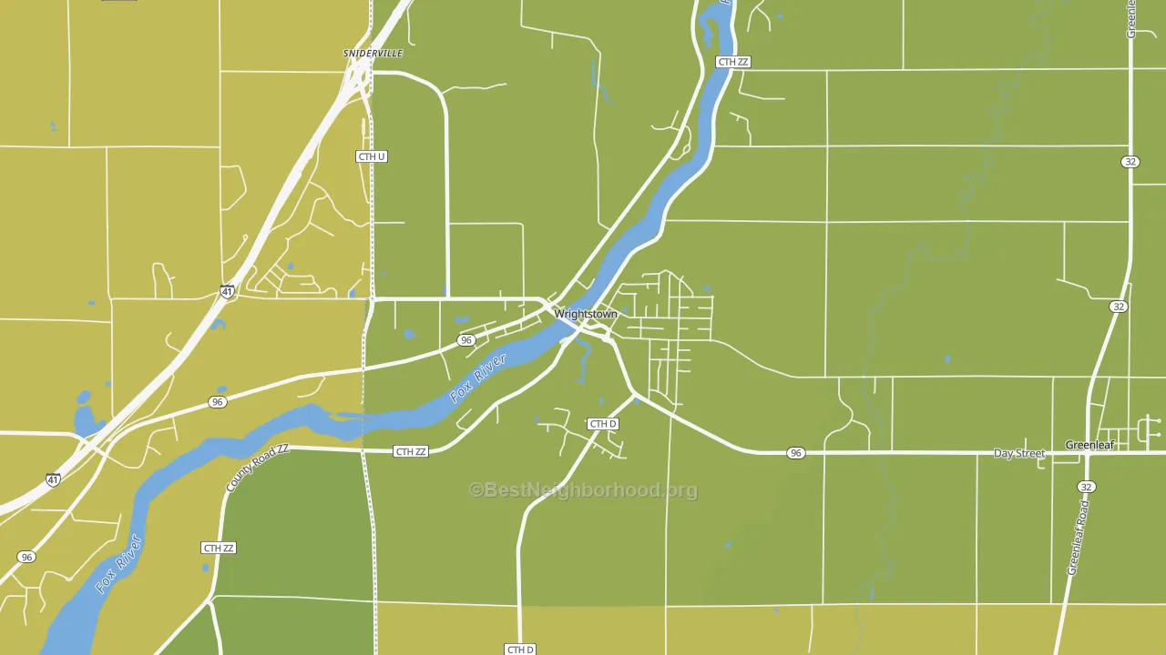 Map of the best neighborhoods in the 54180 area, with better matches in green and worse matches in red