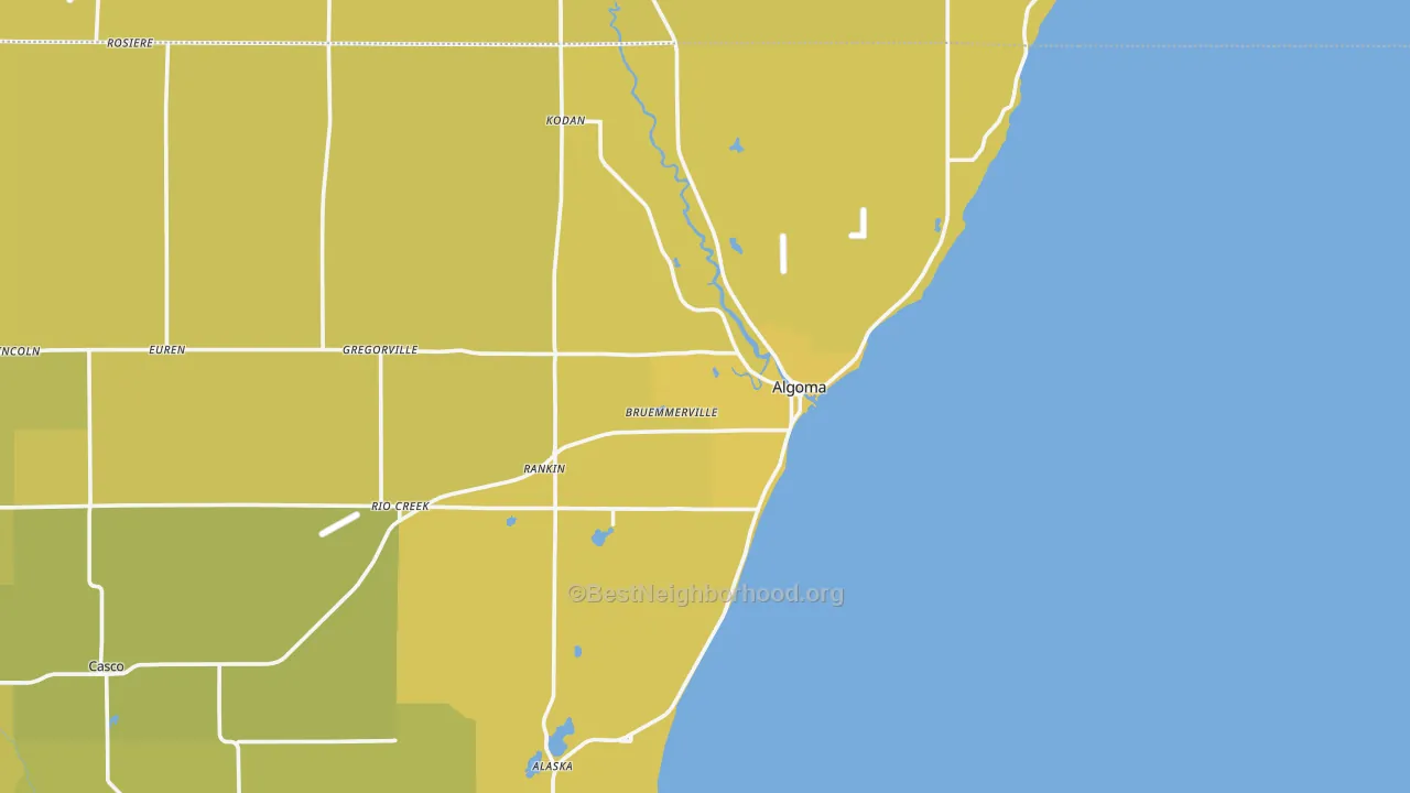 Map of the best neighborhoods in the 54201 area, with better matches in green and worse matches in red