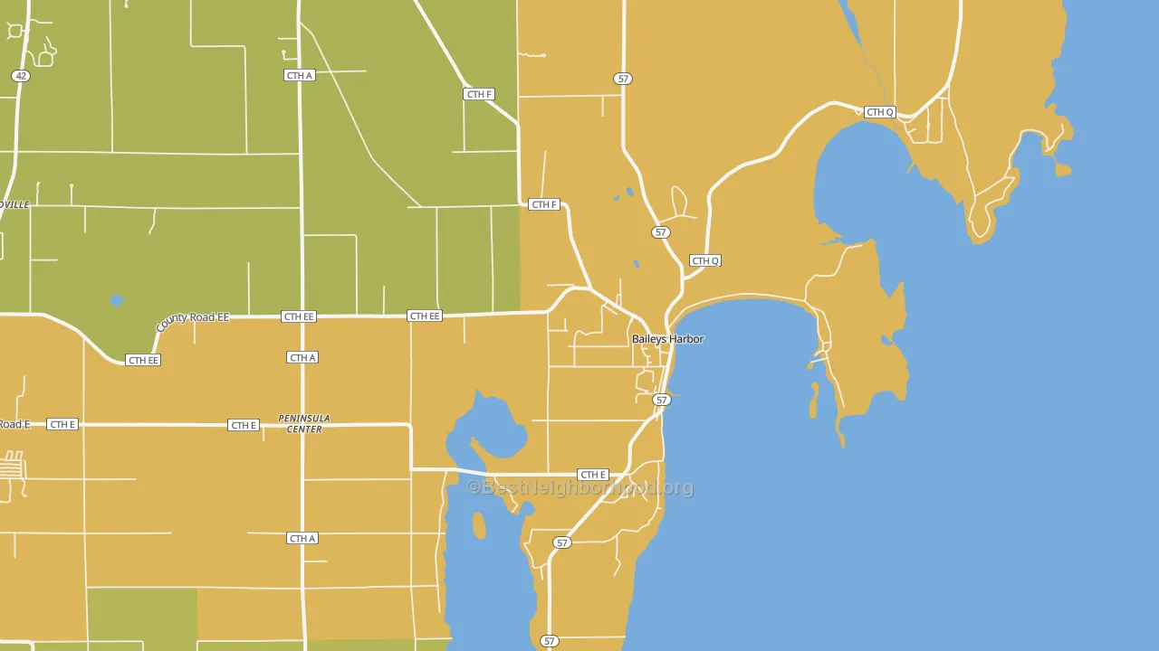 Map of the best neighborhoods in the 54202 area, with better matches in green and worse matches in red