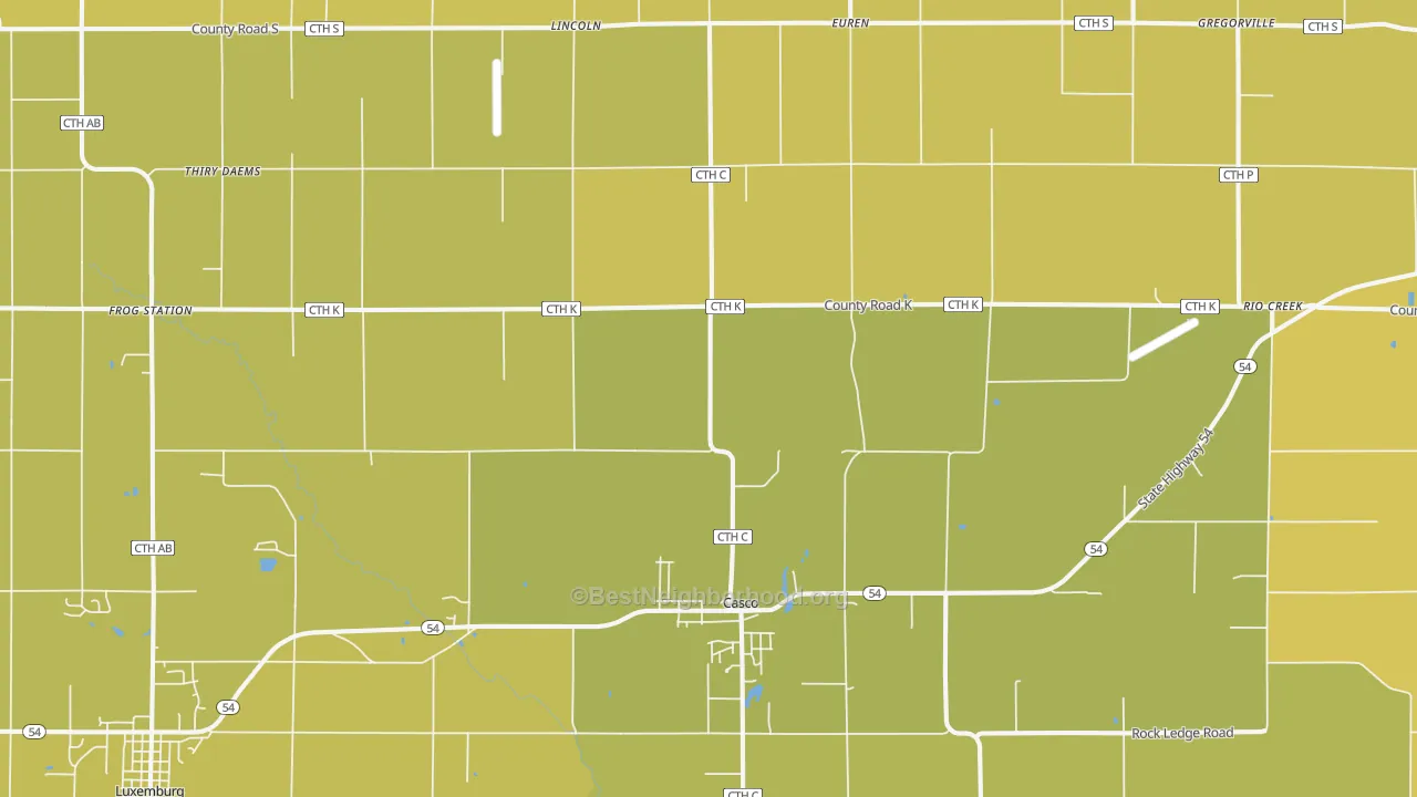 Map of the best neighborhoods in the 54205 area, with better matches in green and worse matches in red