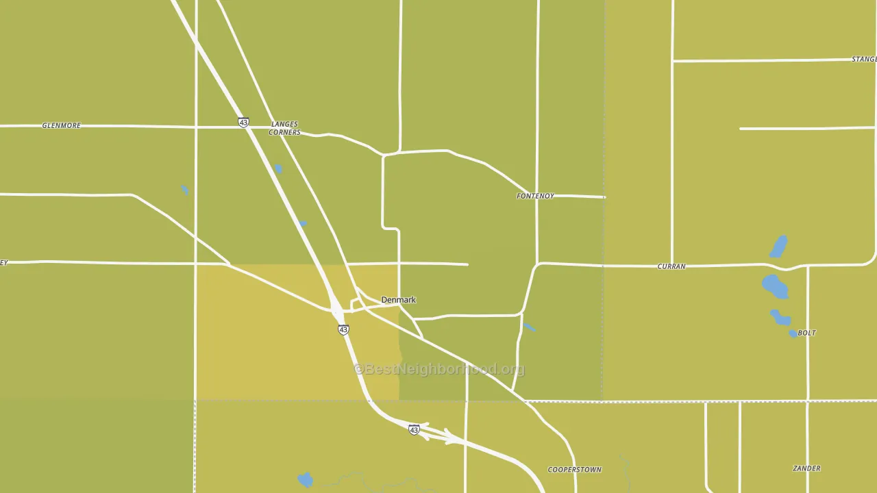 Map of the best neighborhoods in the 54208 area, with better matches in green and worse matches in red