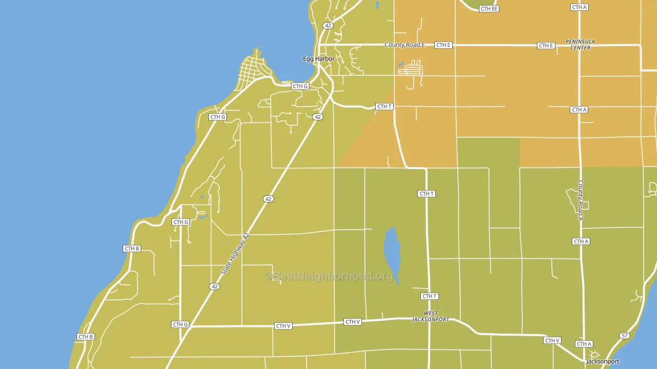 Map of the best neighborhoods in the 54209 area, with better matches in green and worse matches in red