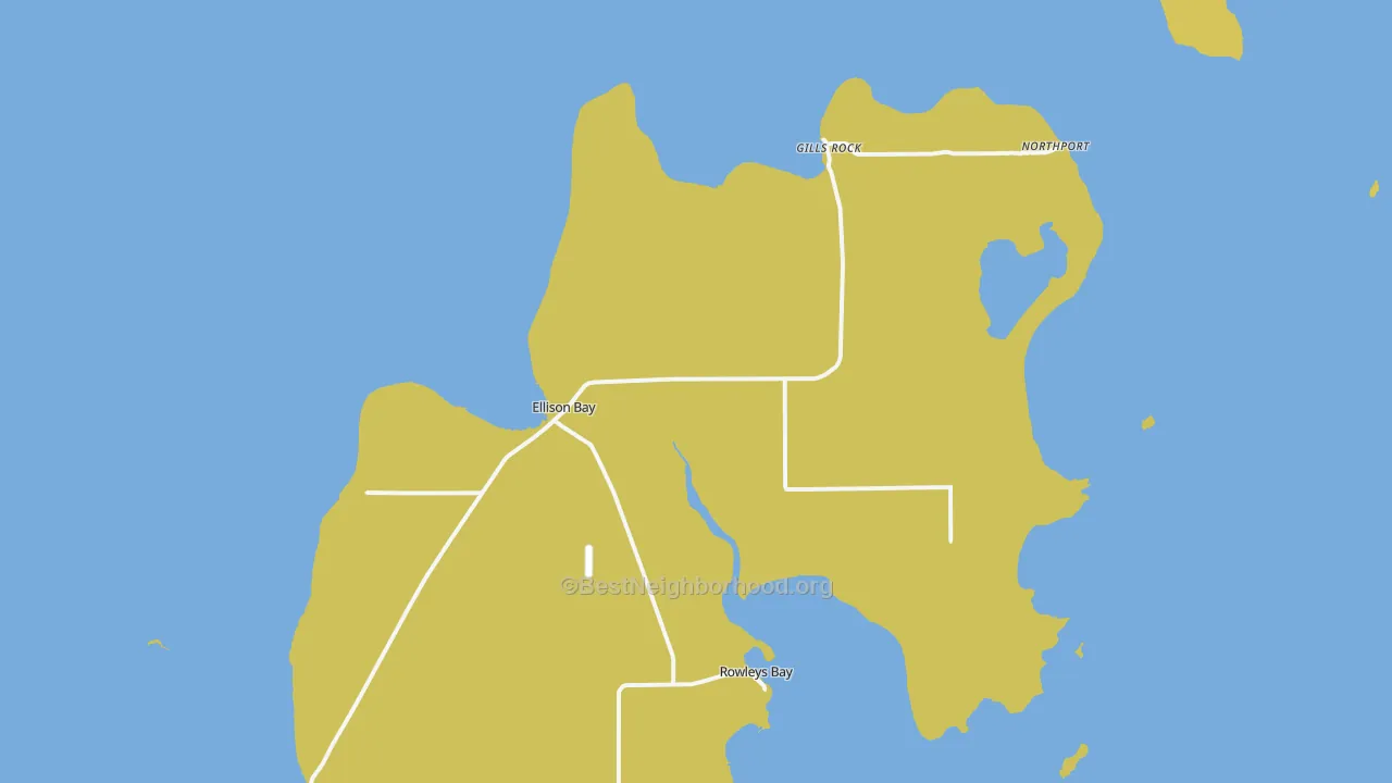 Map of the best neighborhoods in the 54210 area, with better matches in green and worse matches in red