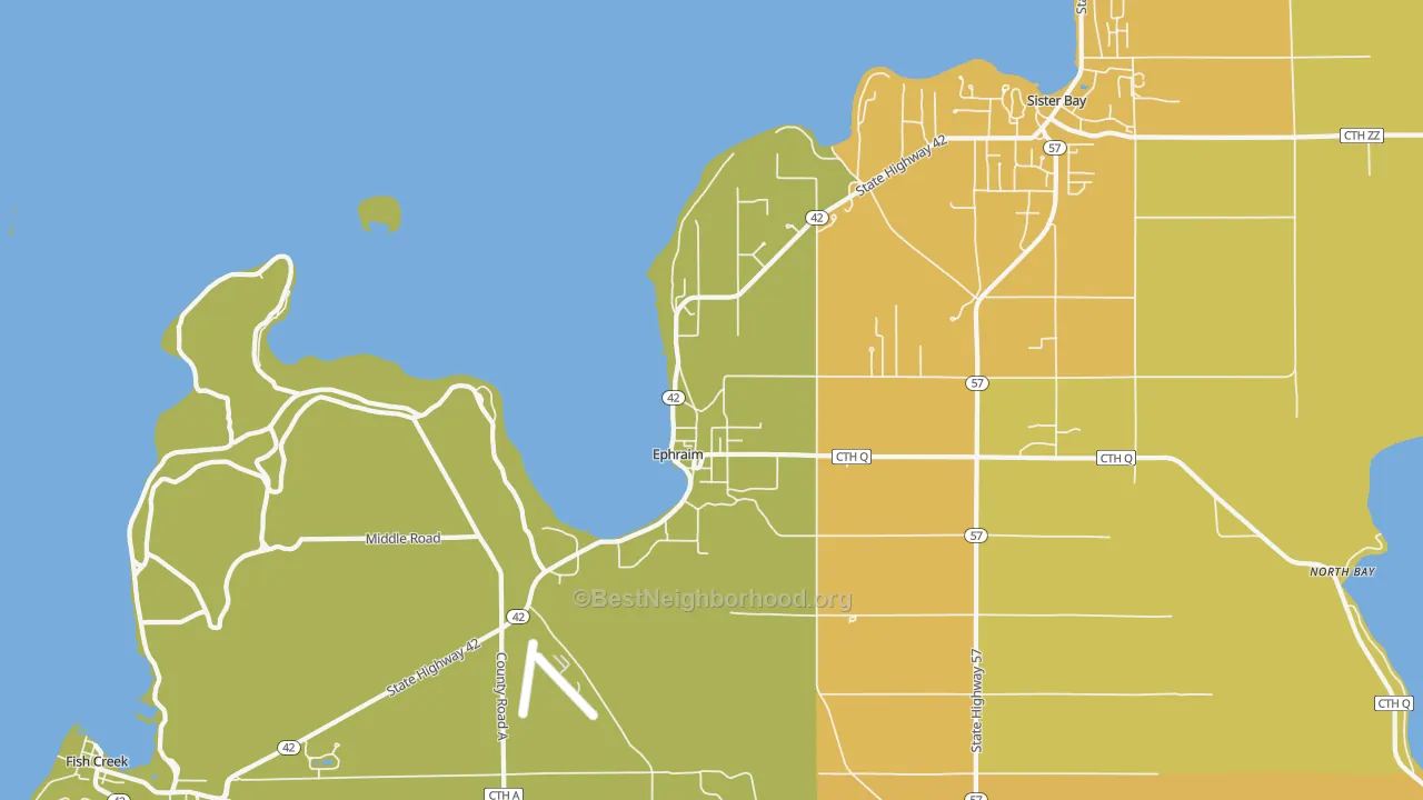 Map of the best neighborhoods in the 54211 area, with better matches in green and worse matches in red