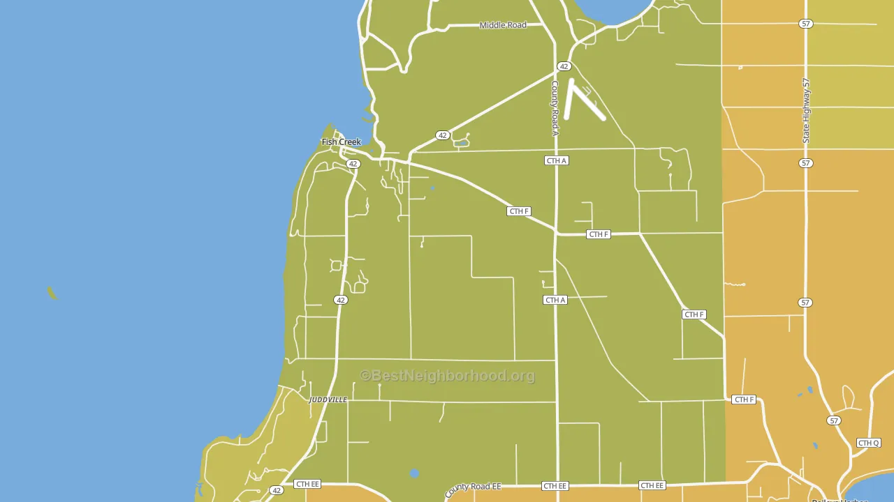 Map of the best neighborhoods in the 54212 area, with better matches in green and worse matches in red