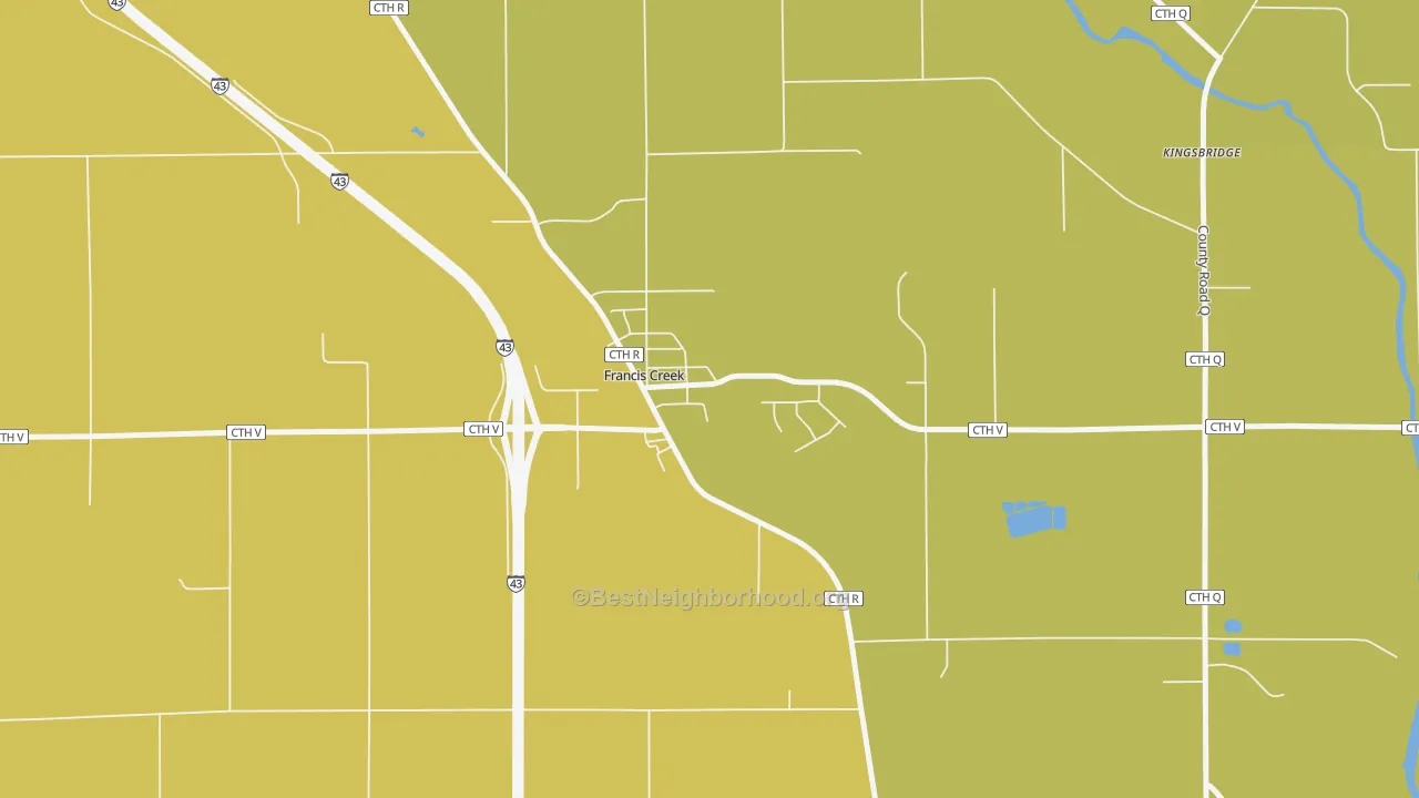 Map of the best neighborhoods in the 54214 area, with better matches in green and worse matches in red