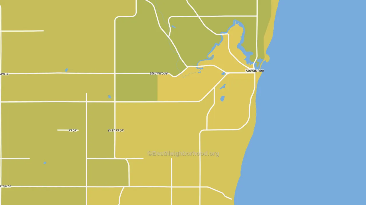 Map of the best neighborhoods in the 54216 area, with better matches in green and worse matches in red