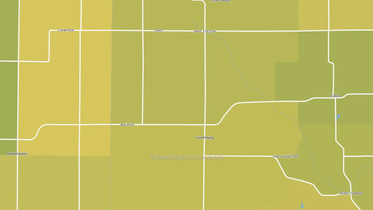 Map of the best neighborhoods in the 54217 area, with better matches in green and worse matches in red