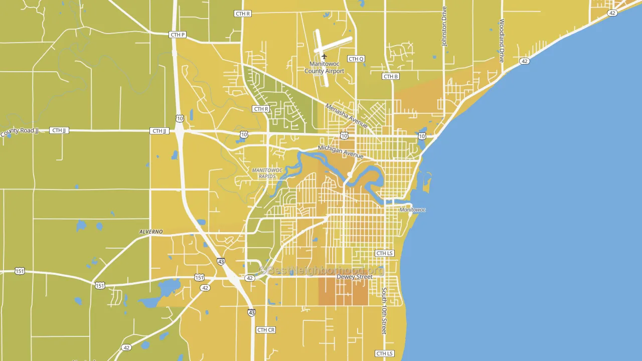 Map of the best neighborhoods in the 54220 area, with better matches in green and worse matches in red