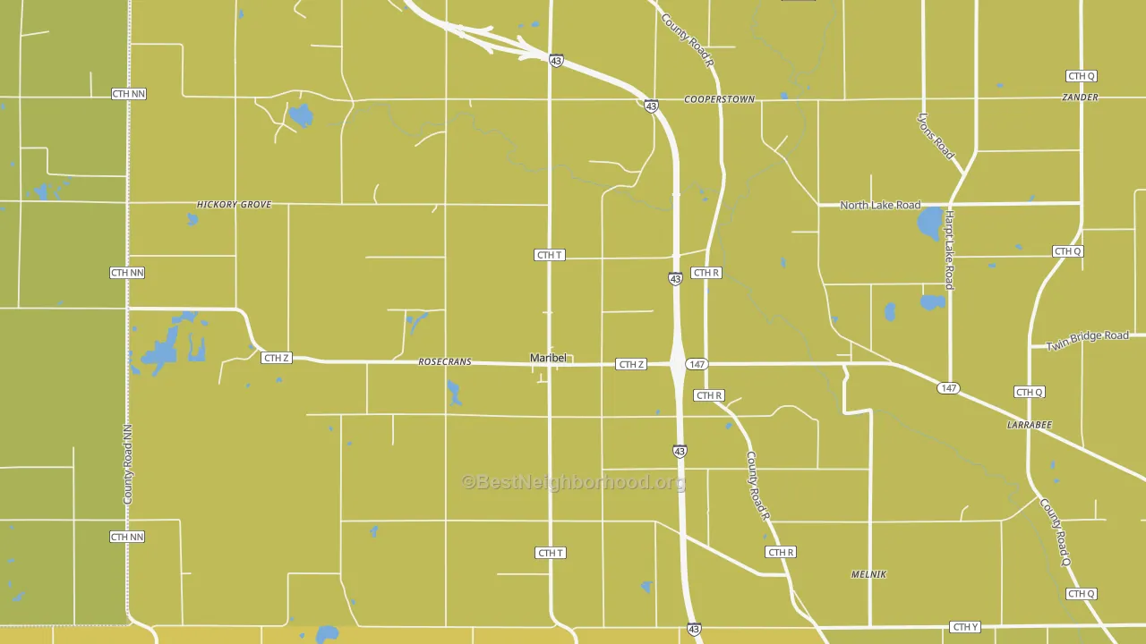 Map of the best neighborhoods in the 54227 area, with better matches in green and worse matches in red