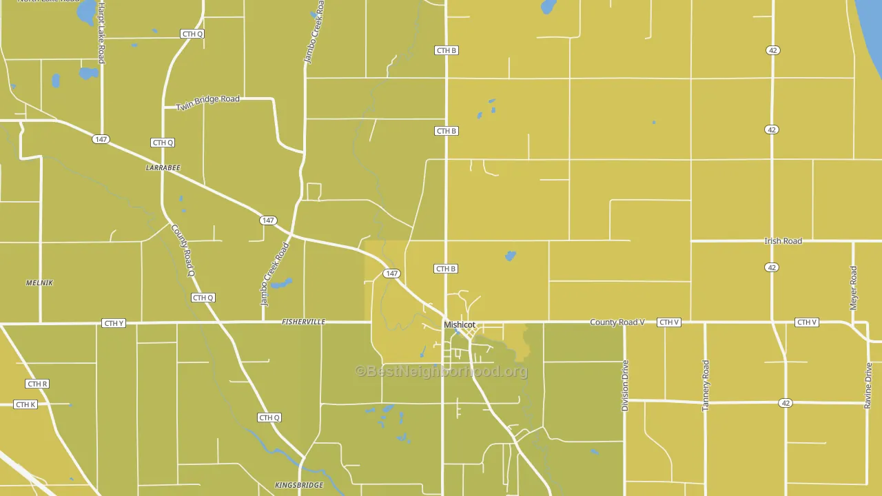 Map of the best neighborhoods in the 54228 area, with better matches in green and worse matches in red