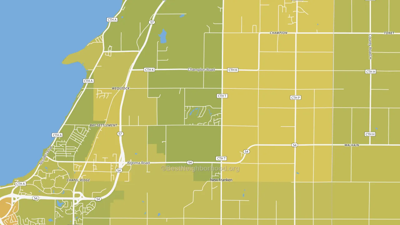 Map of the best neighborhoods in the 54229 area, with better matches in green and worse matches in red