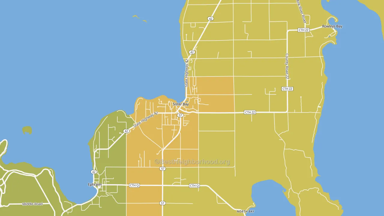 Map of the best neighborhoods in the 54234 area, with better matches in green and worse matches in red