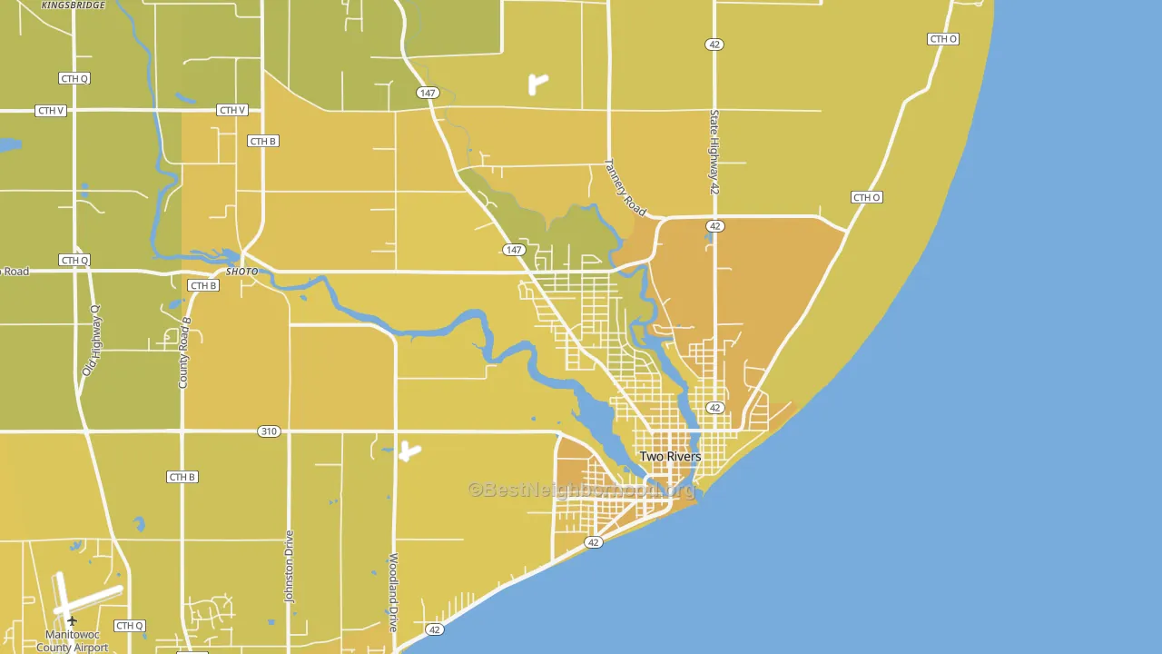 Map of the best neighborhoods in the 54241 area, with better matches in green and worse matches in red