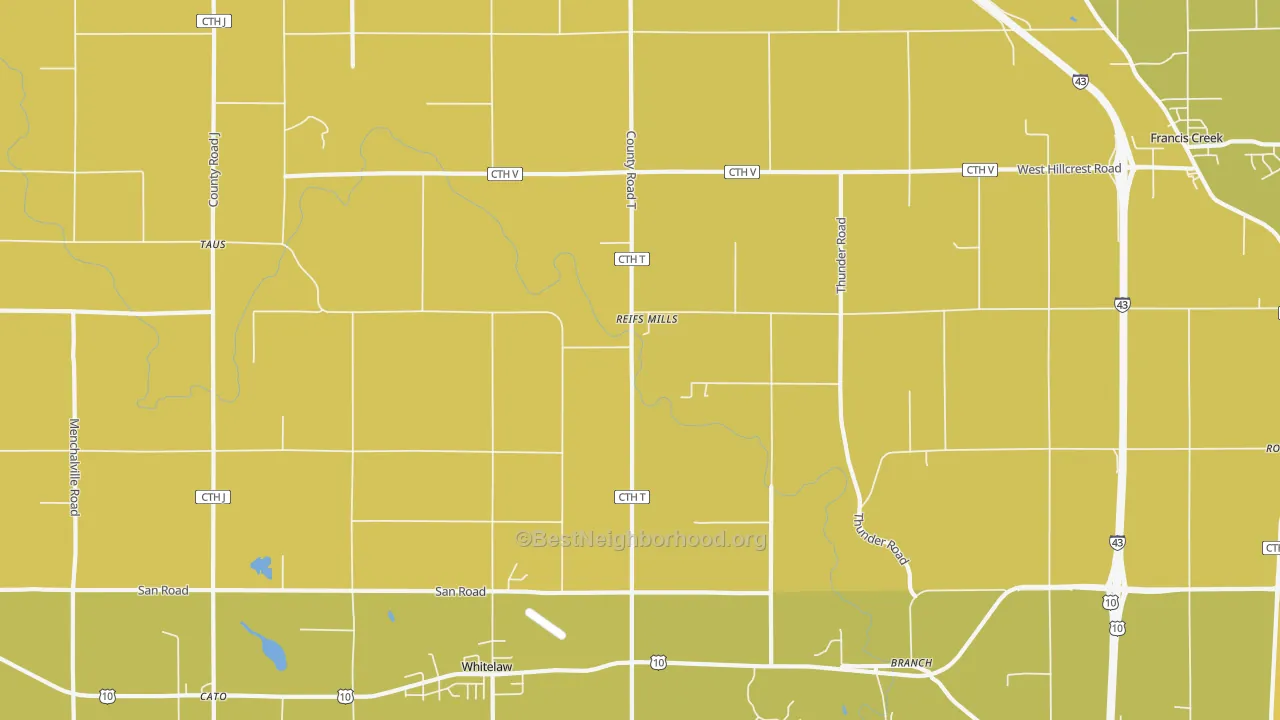 Map of the best neighborhoods in the 54247 area, with better matches in green and worse matches in red