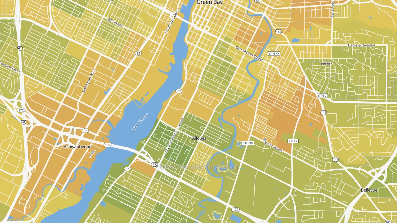 Map of the best neighborhoods in the 54301 area, with better matches in green and worse matches in red