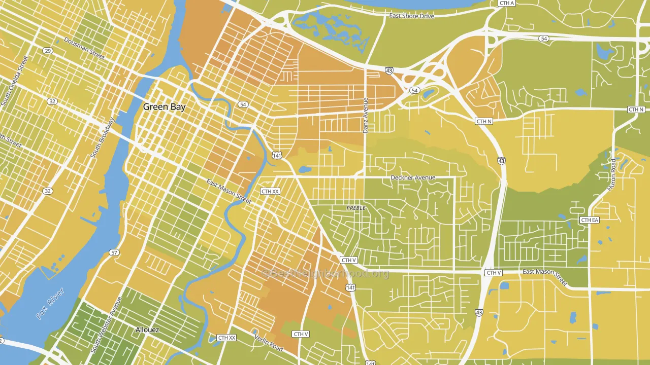 Map of the best neighborhoods in the 54302 area, with better matches in green and worse matches in red