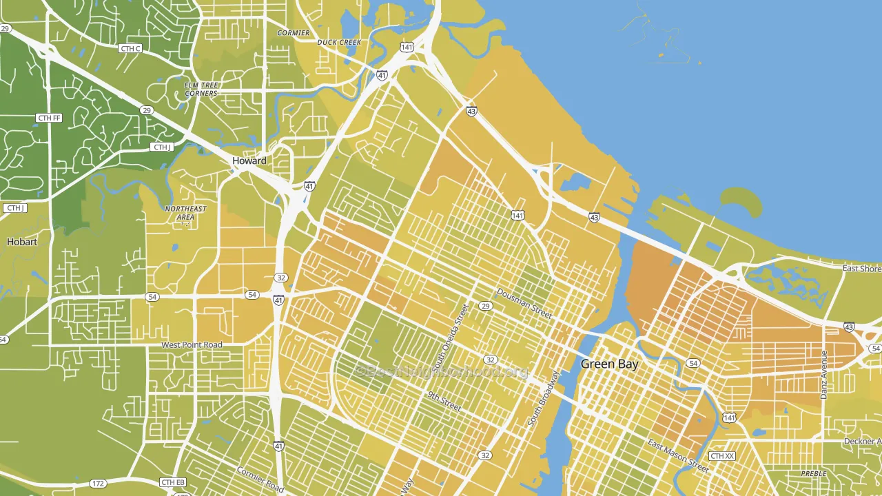 Map of the best neighborhoods in the 54303 area, with better matches in green and worse matches in red