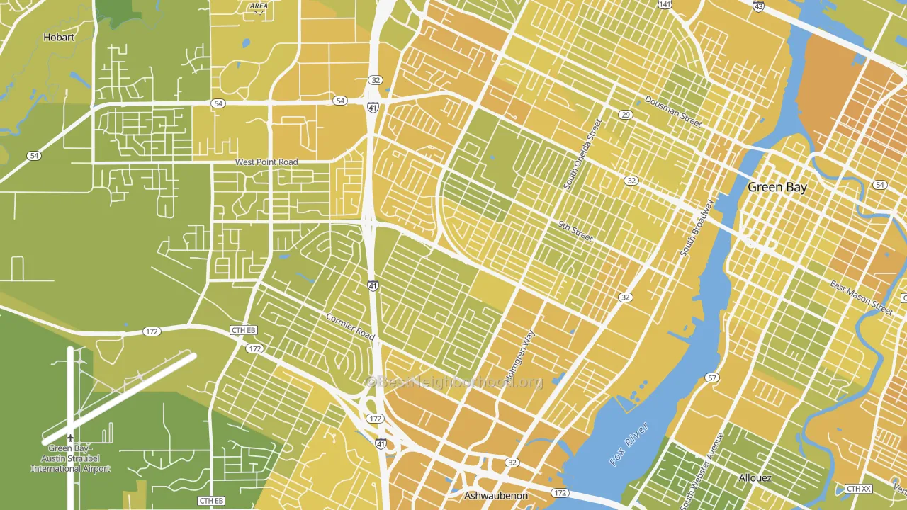 Map of the best neighborhoods in the 54304 area, with better matches in green and worse matches in red