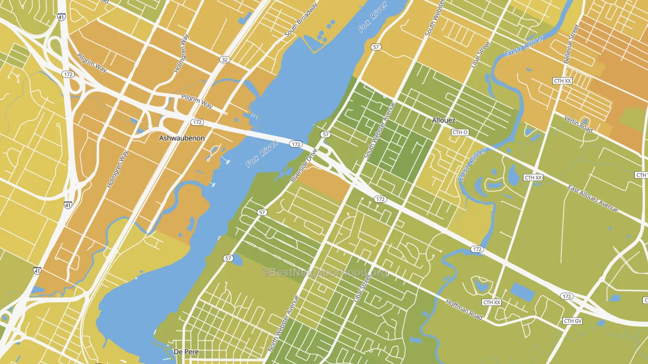 Map of the best neighborhoods in the 54307 area, with better matches in green and worse matches in red