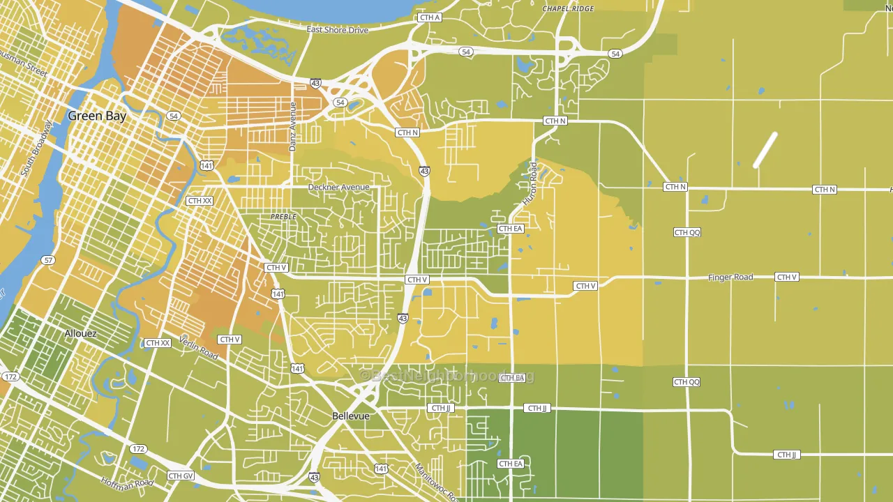 Map of the best neighborhoods in the 54311 area, with better matches in green and worse matches in red