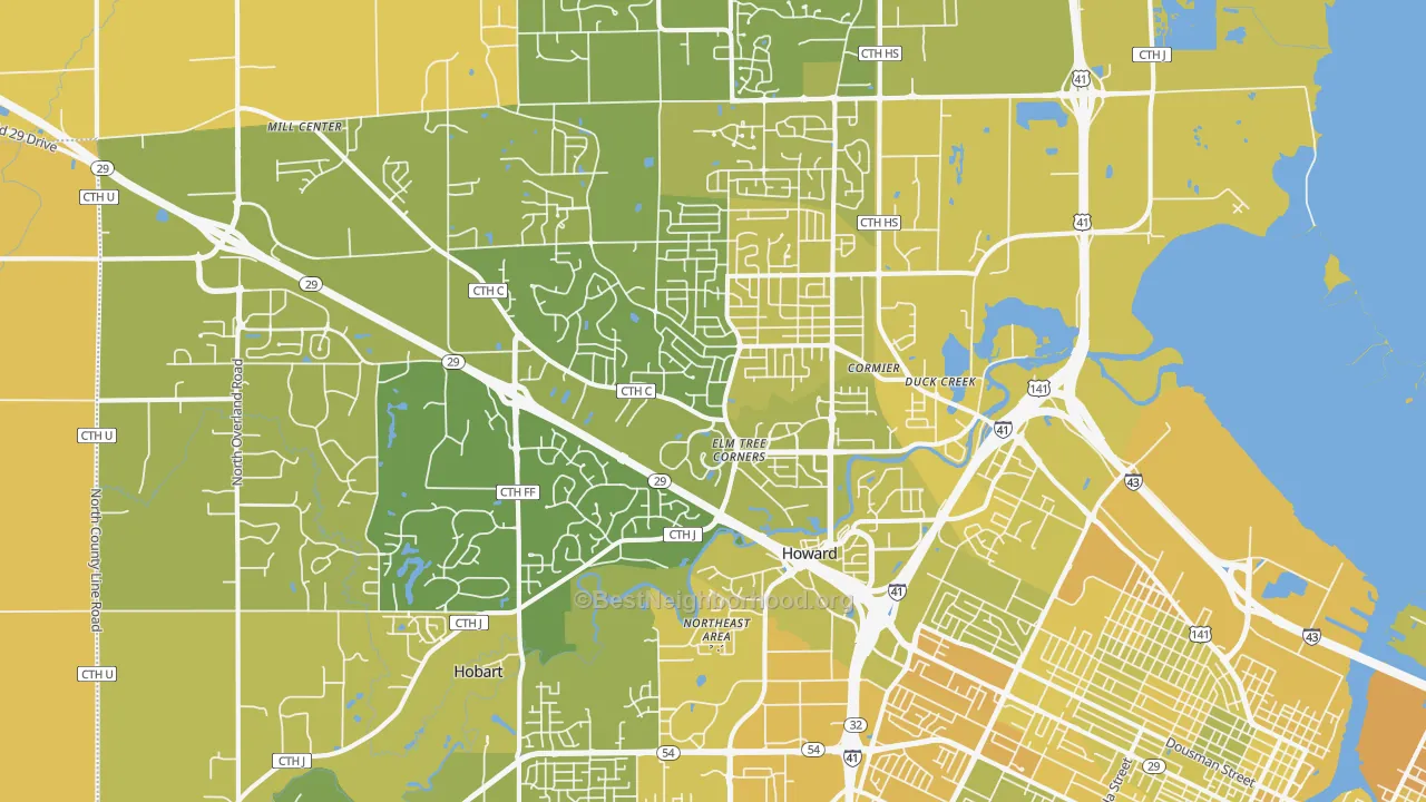 Map of the best neighborhoods in the 54313 area, with better matches in green and worse matches in red