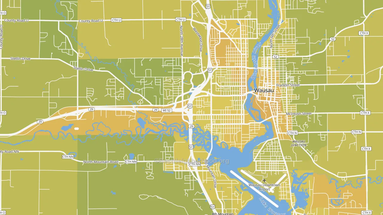 Map of the best neighborhoods in the 54401 area, with better matches in green and worse matches in red